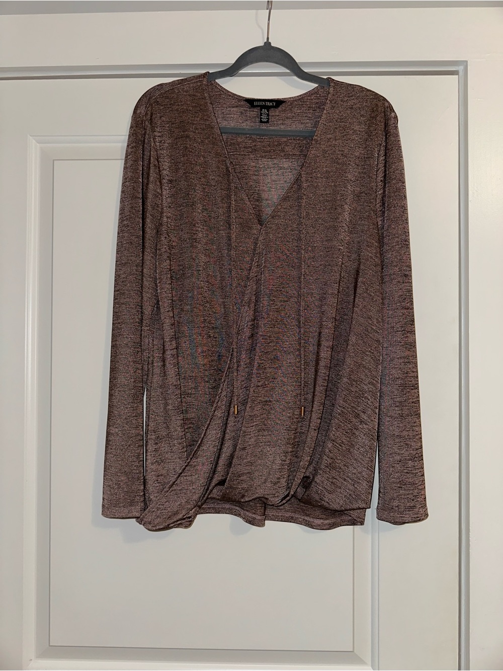 Ellen Tracy Metallic Mauve Rose Bronze Wrap Long Sleeve Top